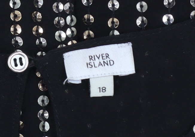 River Island Womens Black Sequin Ruffle Sleeve Blouse Size 18