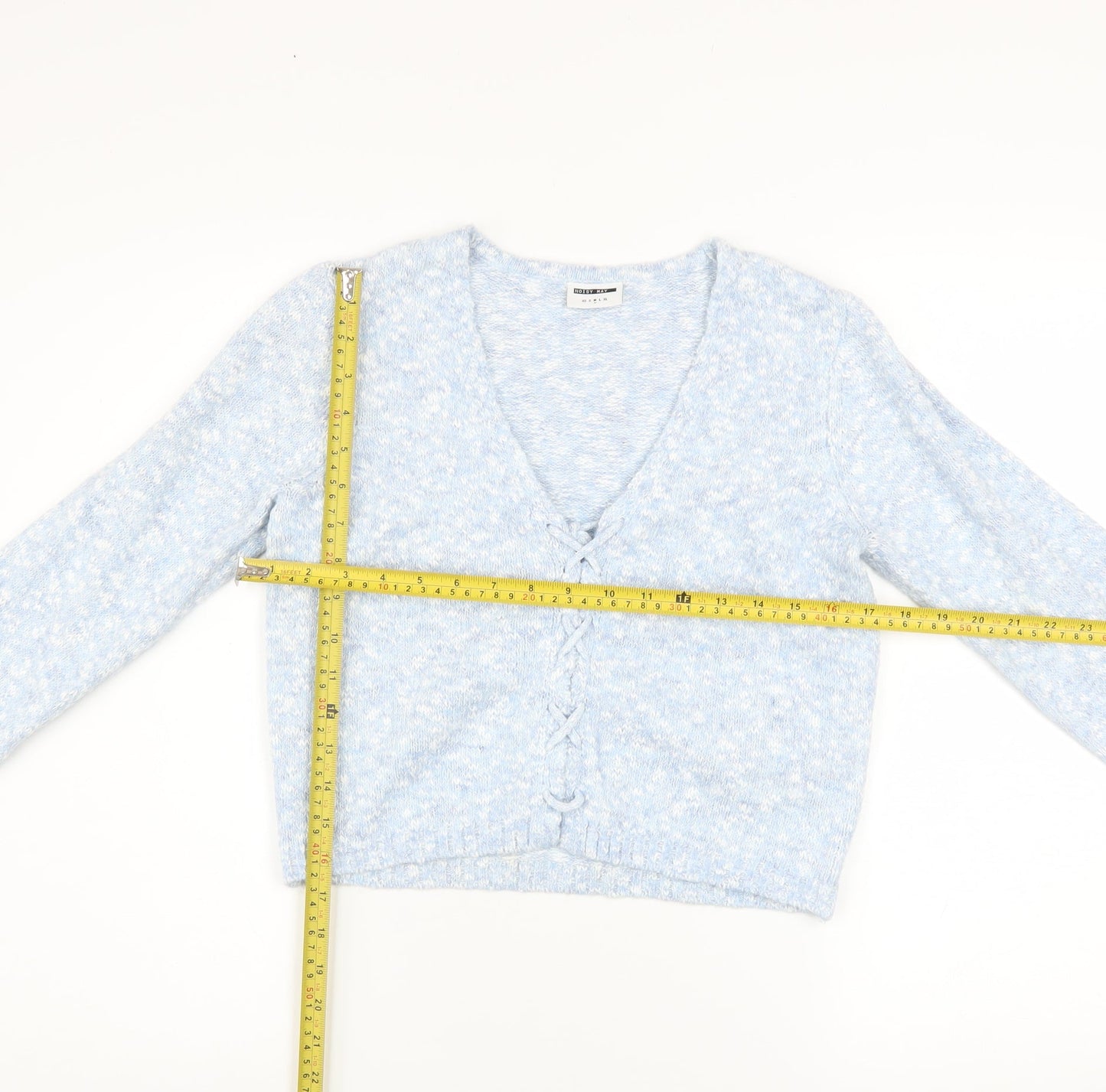Noisy May Women Blue V-Neck Cropped Knit Cardigan Size M