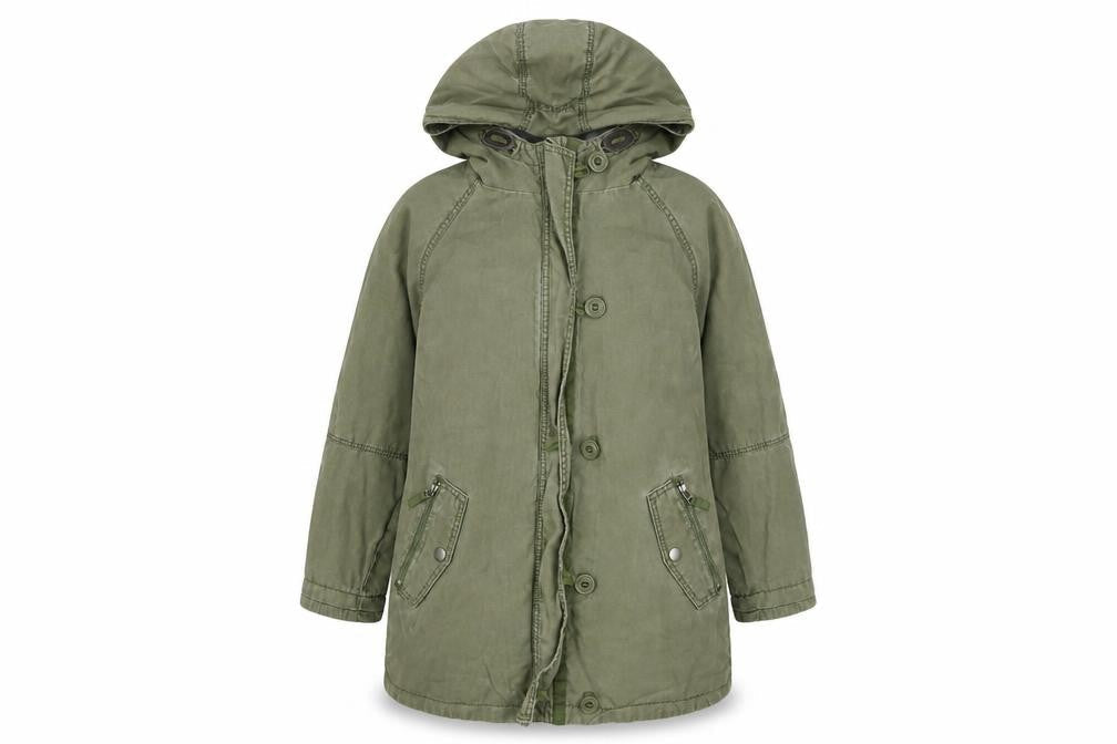 Front view of Next girls’ green cotton hooded parka coat 12 years lined casual jacket