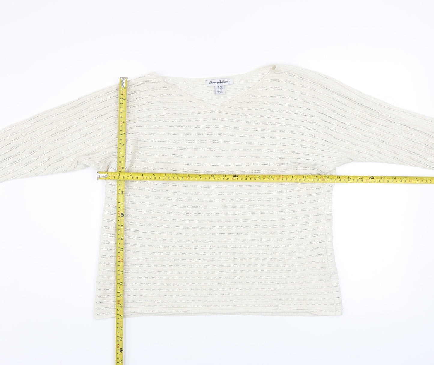 Tommy Bahama Womens Ivory V-Neck Open-Knit Cotton Jumper Size L