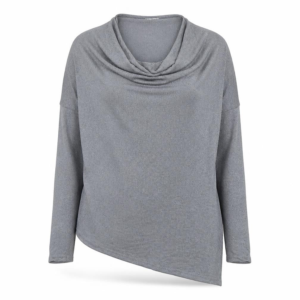 Front view of Gallery women’s grey cowl neck long sleeve knit blouse, size UK 14