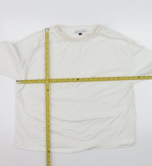 Kelly & Grace Womens White Long Sleeve Embellished Neck Top XXL