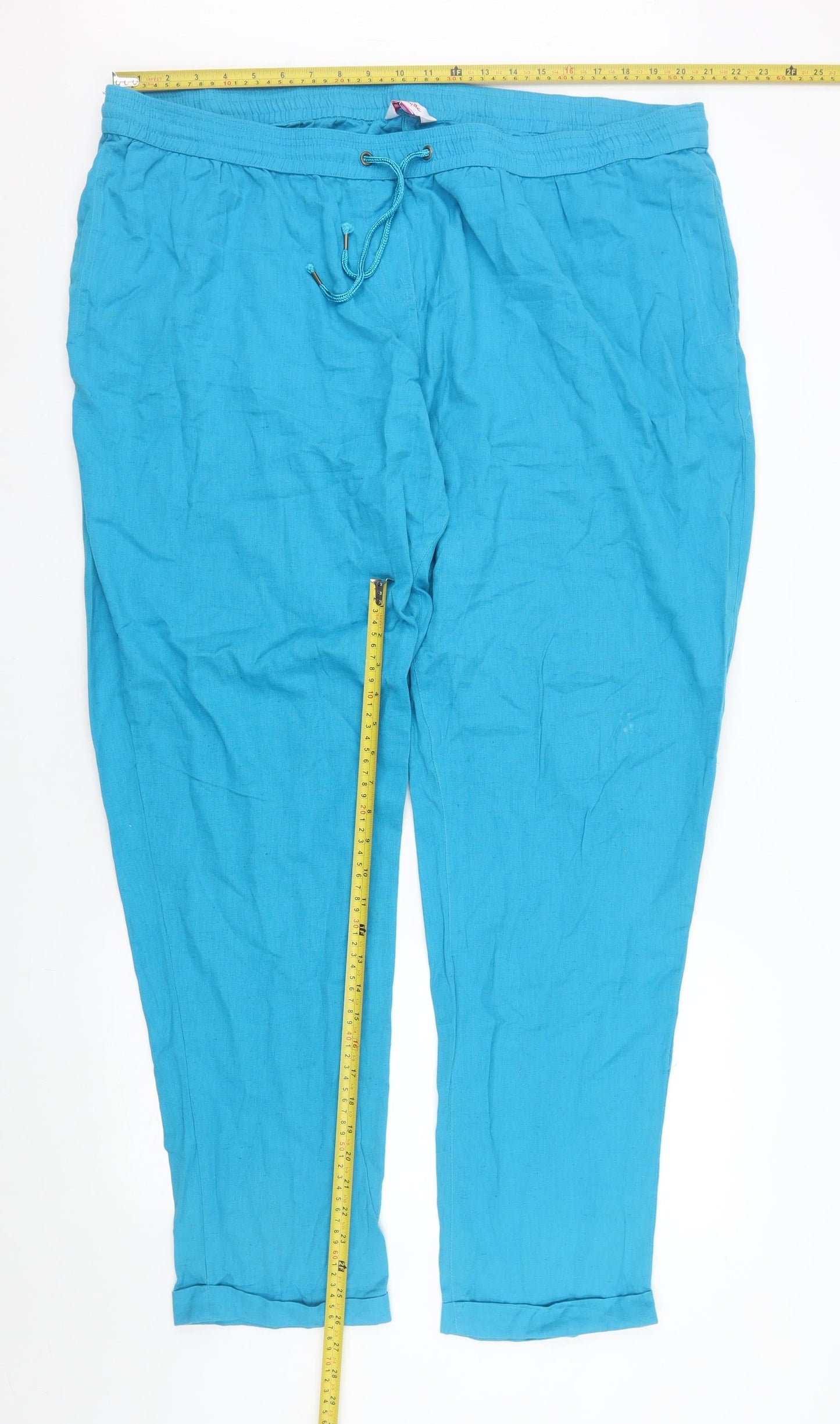 SimplyBe Women Blue Cotton Linen Tapered Casual Trousers Size 24