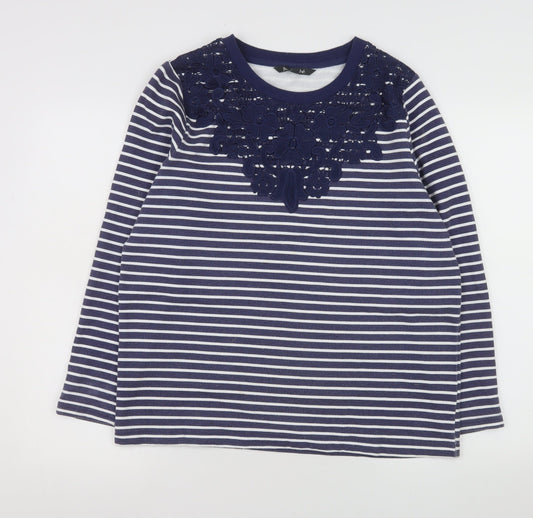 Bonmarché Women Blue Striped Lace Detail Long Sleeve Jersey Top Size 12