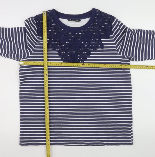 Bonmarché Women Blue Striped Lace Detail Long Sleeve Jersey Top Size 12