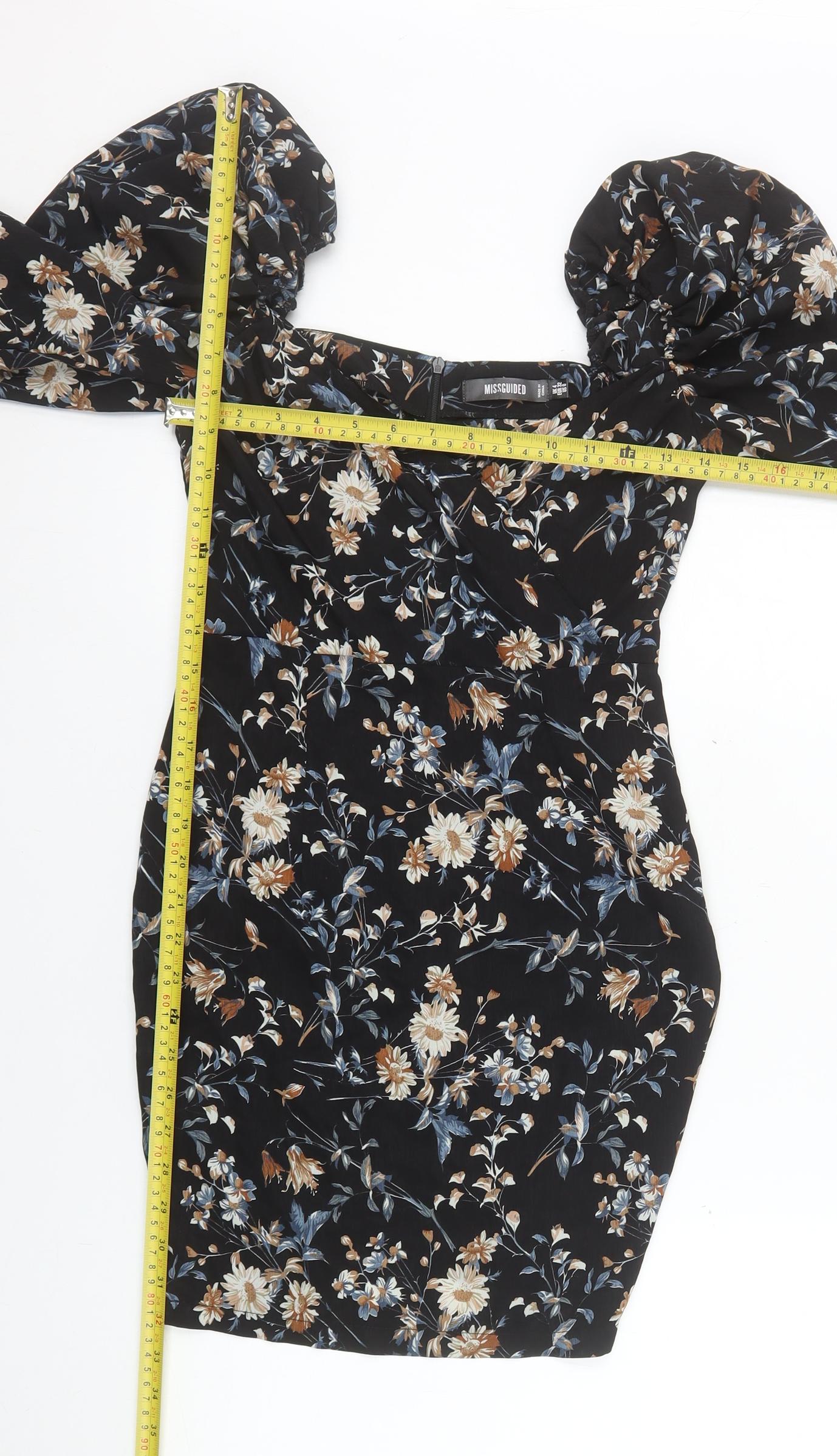 Missguided Women’s Black Floral Puff Sleeve Bodycon Dress Size 4