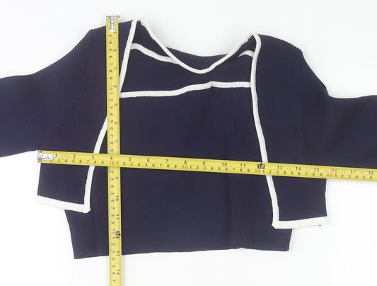 Cider Womens Blue Cropped Knit Flared Sleeve Blouse XL