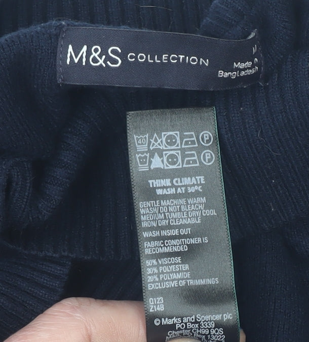 Marks and Spencer Women's Blue Mock Neck Long Sleeve Knitted Jumper Size M