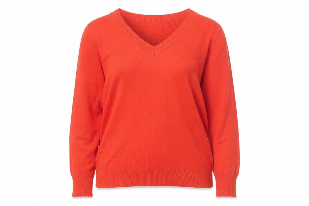 Front view of JD Williams Women's Red V-Neck Long Sleeve jumper UK 16