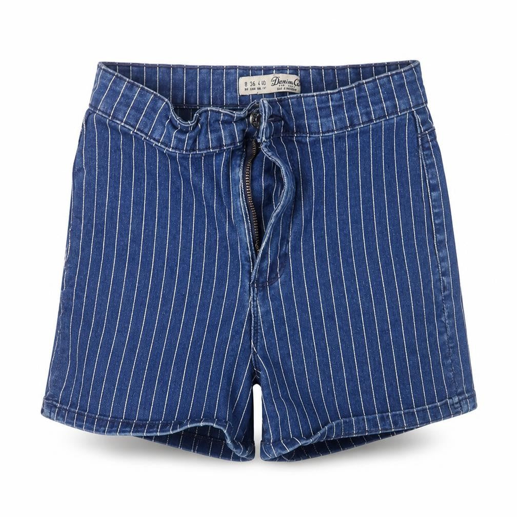 Front view of Denim Co women’s blue striped high waist denim shorts, size UK 8