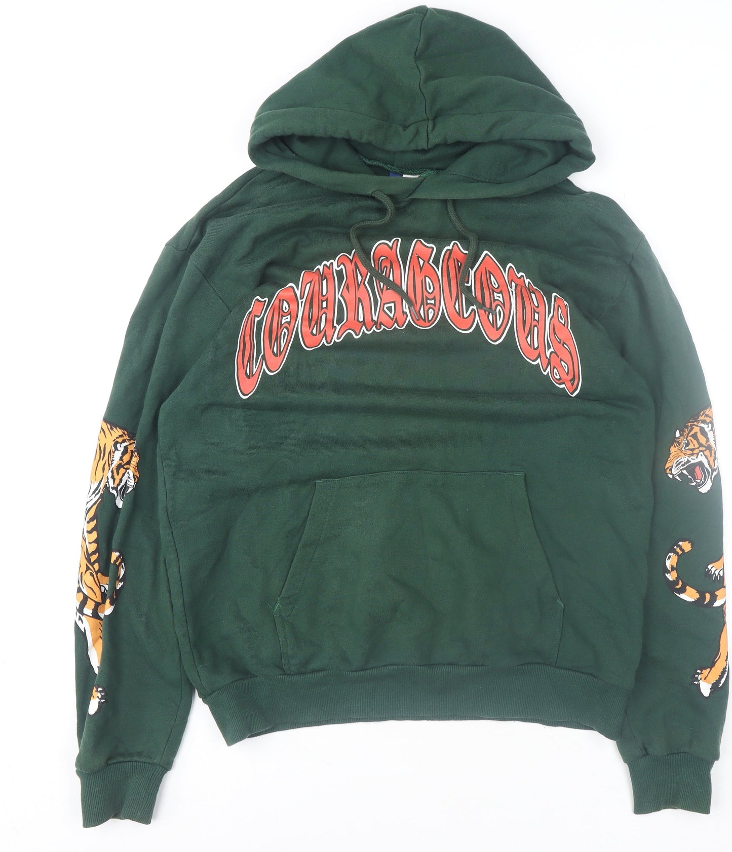 H&M Men’s Green Pullover Hoodie Size M Tiger Graphic Print Cotton