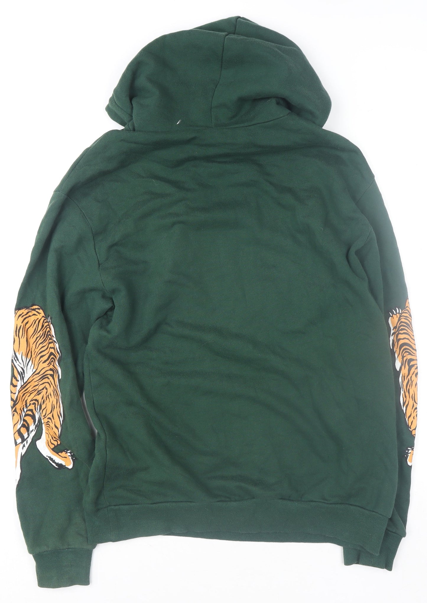 H&M Men’s Green Pullover Hoodie Size M Tiger Graphic Print Cotton