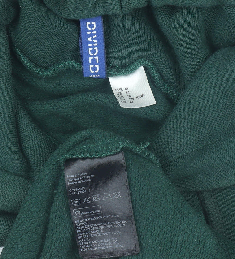 H&M Men’s Green Pullover Hoodie Size M Tiger Graphic Print Cotton