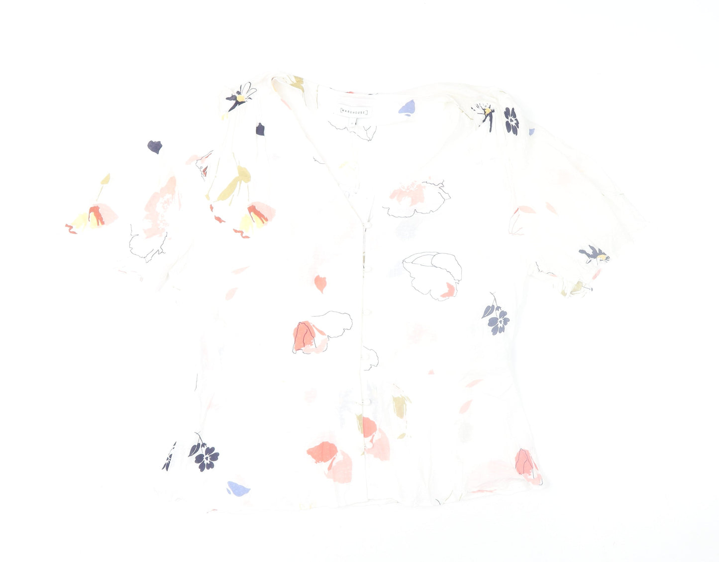 Warehouse Women White Floral Viscose Button Blouse Size 16