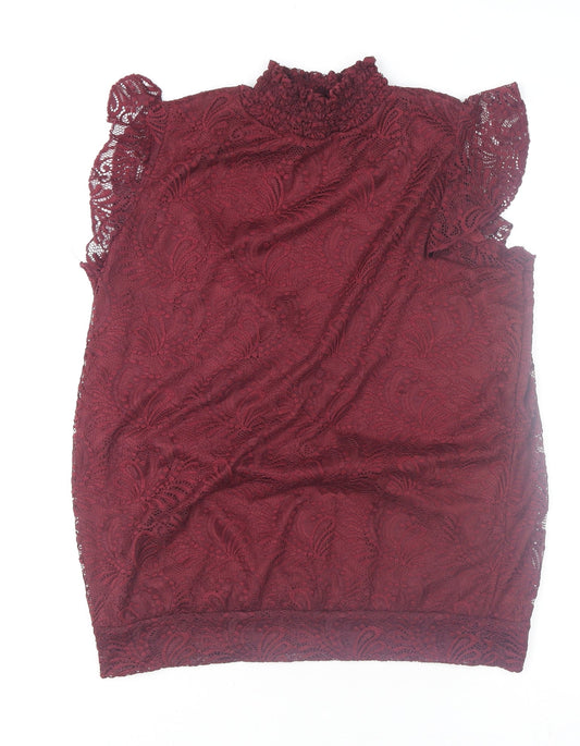 M&Co Women's Red Lace High Neck Sleeveless Tunic Blouse Size 12