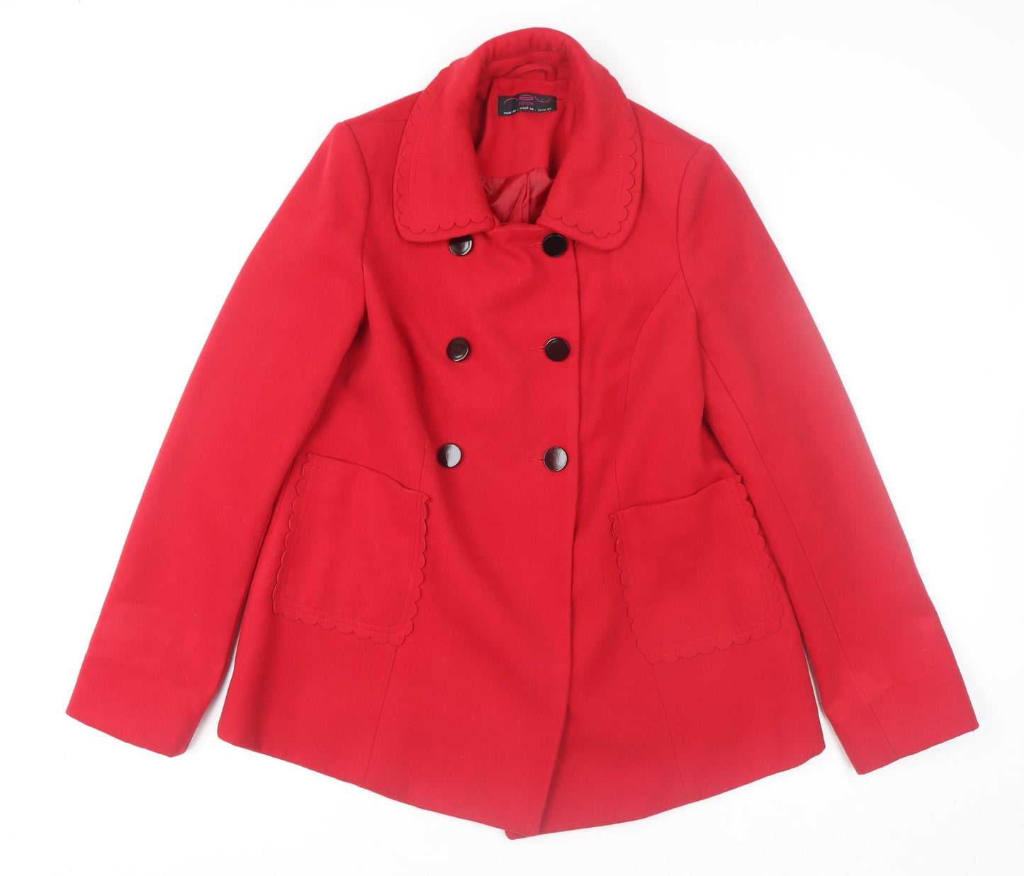 New Look Women Red Pea Coat Size 12 Mid Length Buttoned Classic Style