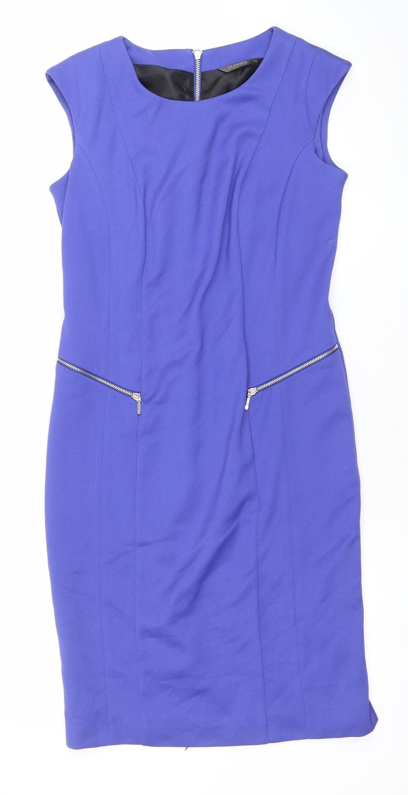Dunnes Women Blue Sheath Knee Length Zip Detail Dress Size 10