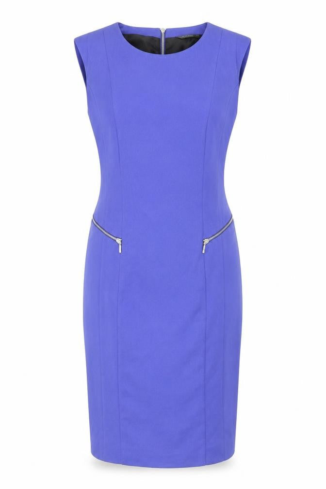 Front view of Dunnes Women Blue Sheath Knee Length Zip Detail Dress, size 10
