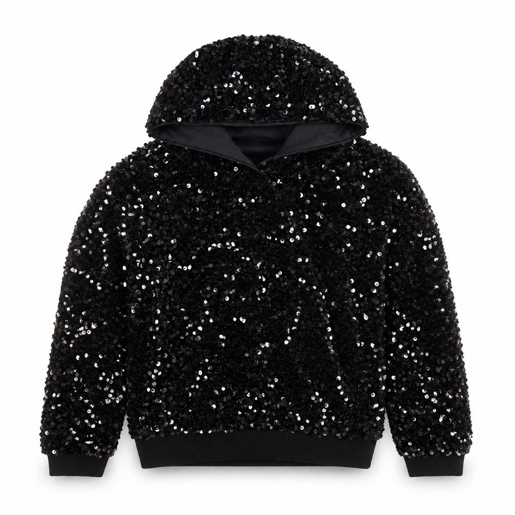 Front view of Dunnes girls’ black sequin pullover hoodie 4-5 years