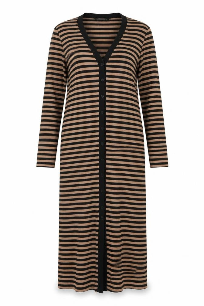 Dunnes Women Beige Black Stripe Midi Shirt Dress Size 12
