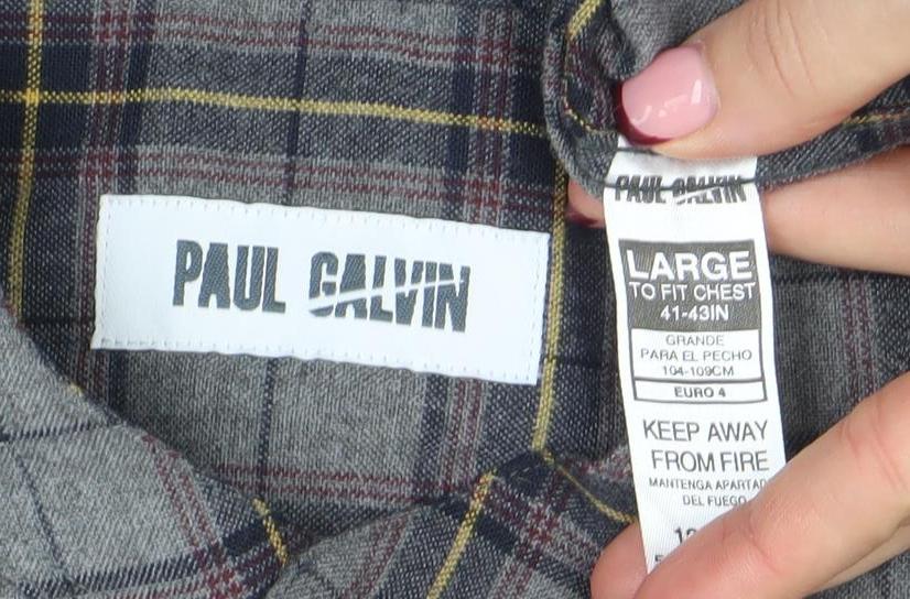 Paul Calvin Men's Grey Checked Long Sleeve Band Collar Shirt Size L
