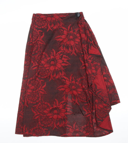 ZARA Women Red Floral Wrap Midi Skirt Size S Polyester