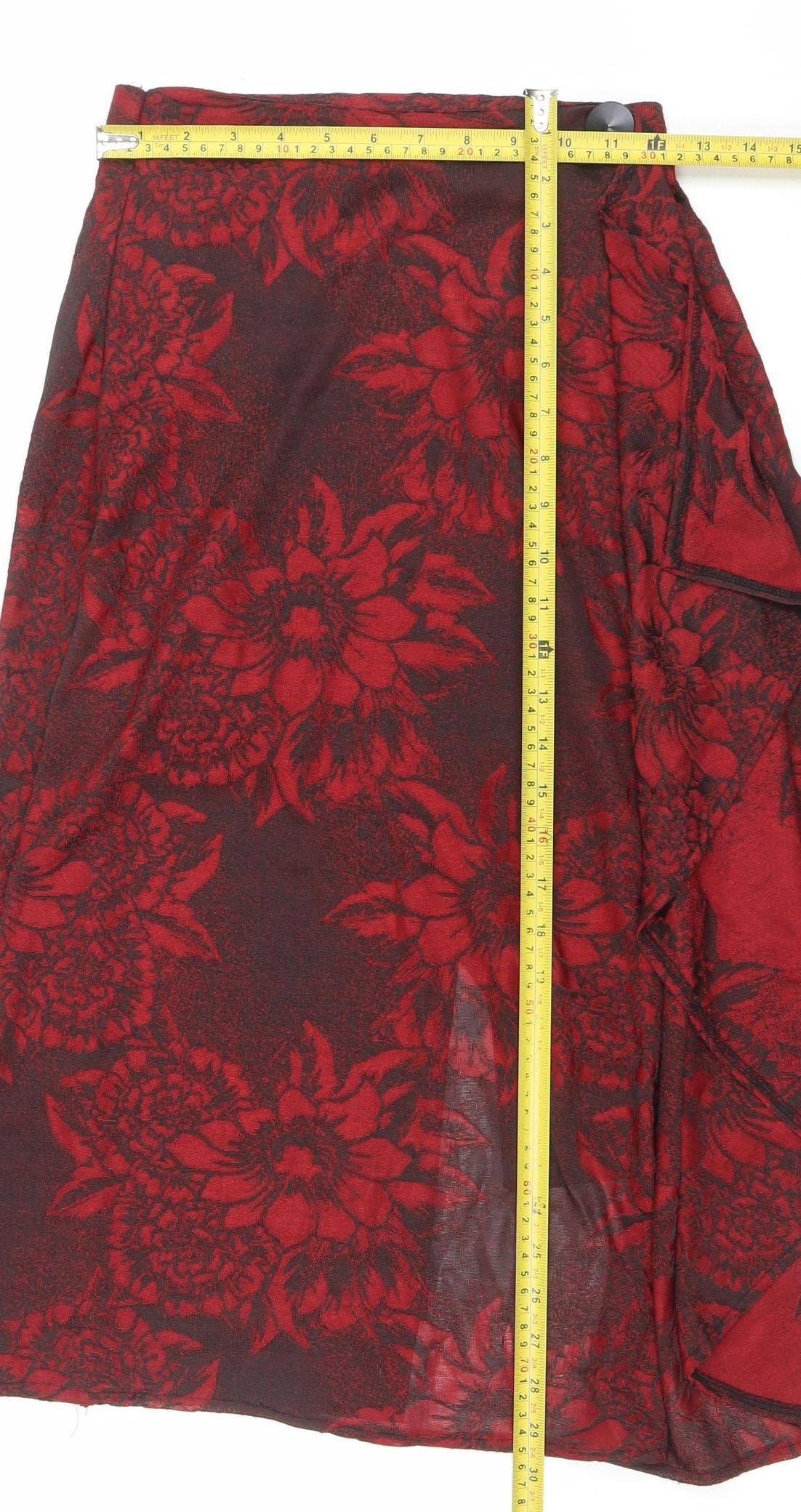 ZARA Women Red Floral Wrap Midi Skirt Size S Polyester