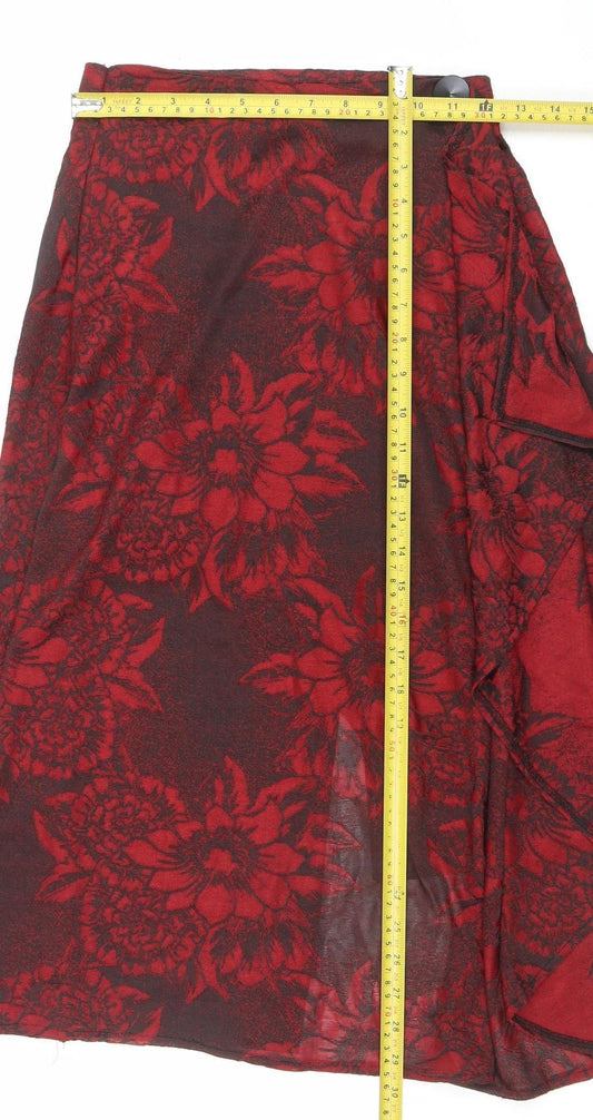 ZARA Women Red Floral Wrap Midi Skirt Size S Polyester