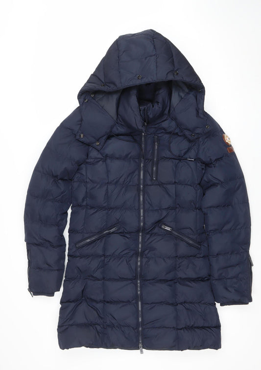 Superdry Women Blue Long Puffer Jacket Size 8 Hooded Down Coat