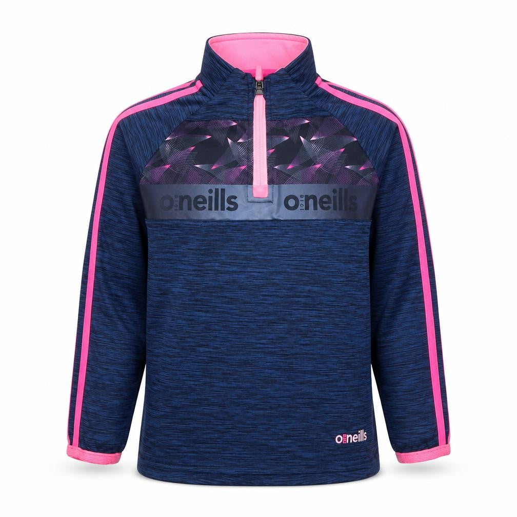 Front view of O’Neills girls’ blue pink 1/4 zip long sleeve sports top age 3-4 years