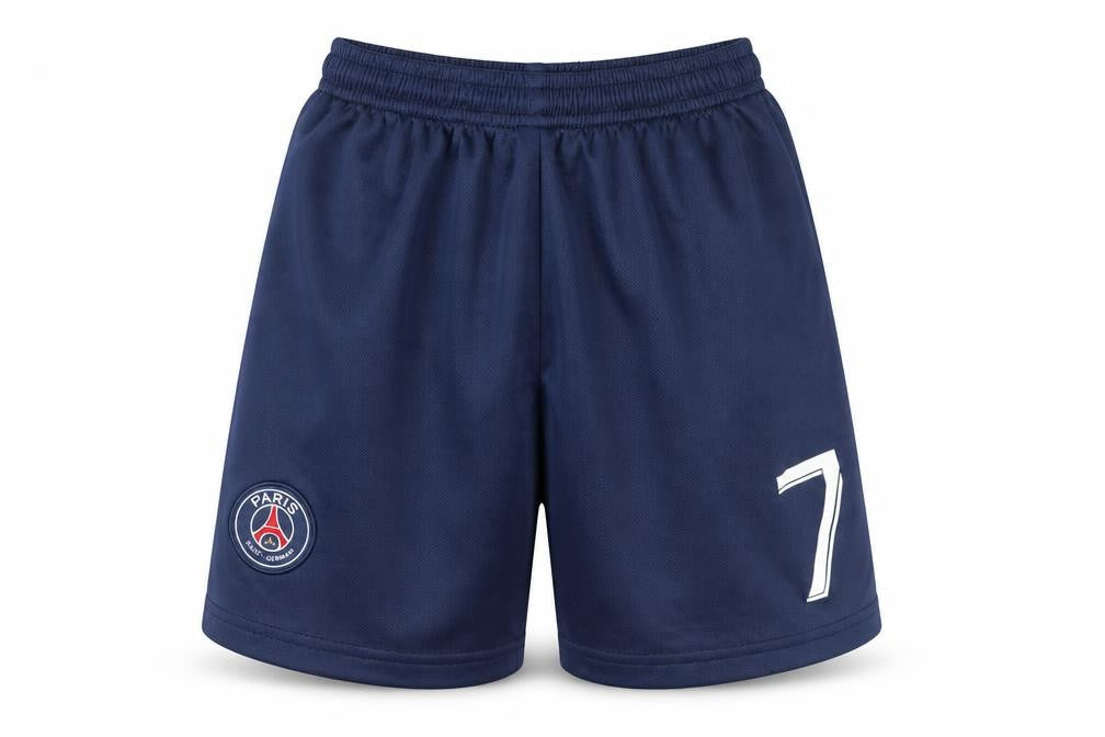Front view of Paris Saint-Germain boys’ blue athletic football shorts, size 22, in
