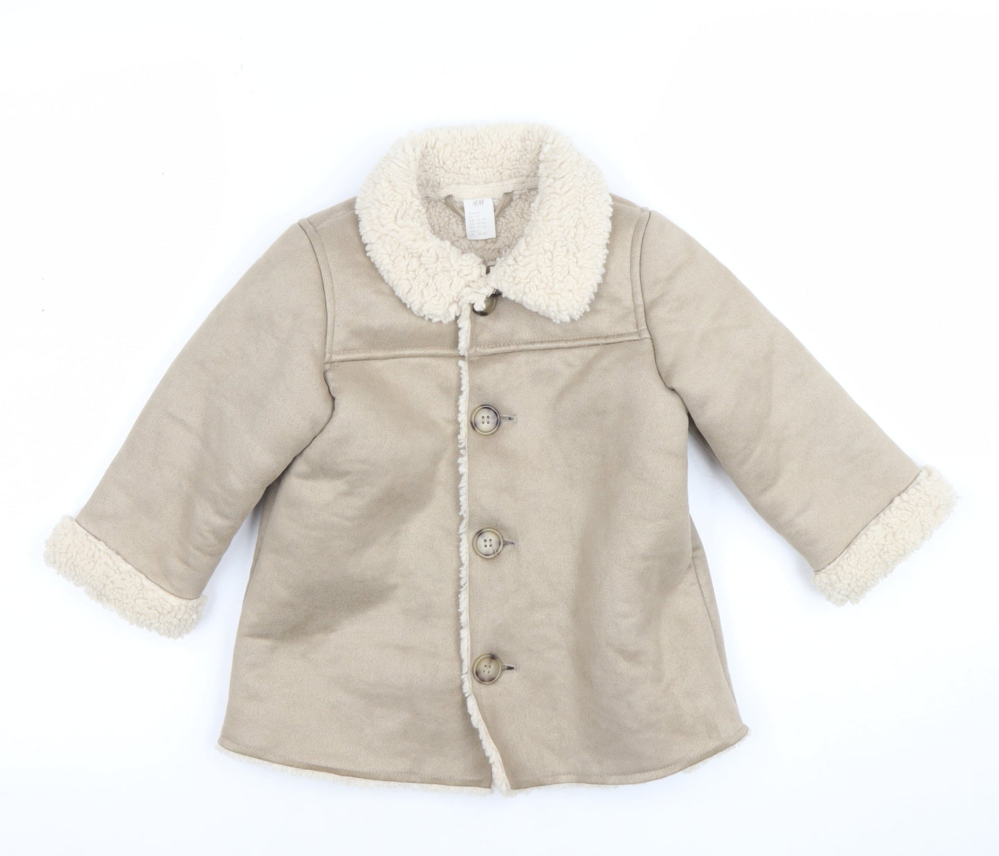 H&M Unisex Baby Beige Fleece Lined Button Coat 24 Months