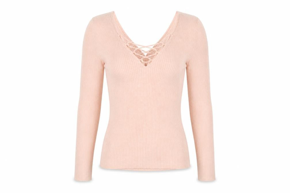 Miss Selfridge Women's Pink Slim Fit Lace-Up V-Neck Jumper Size 6