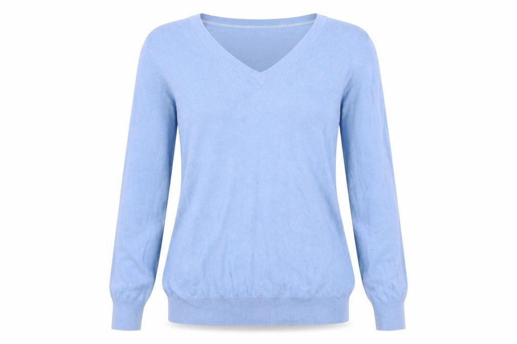 Front view of Crew Clothing Blue V-Neck Cotton Cashmere Jumper, size 8
