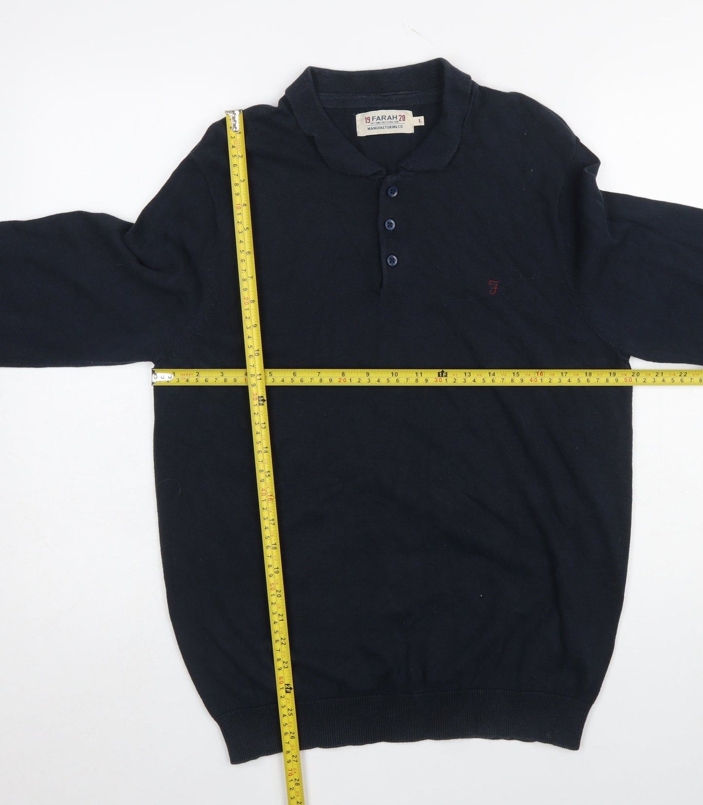 Farah Men's Blue Cotton Collared Henley Jumper Size L