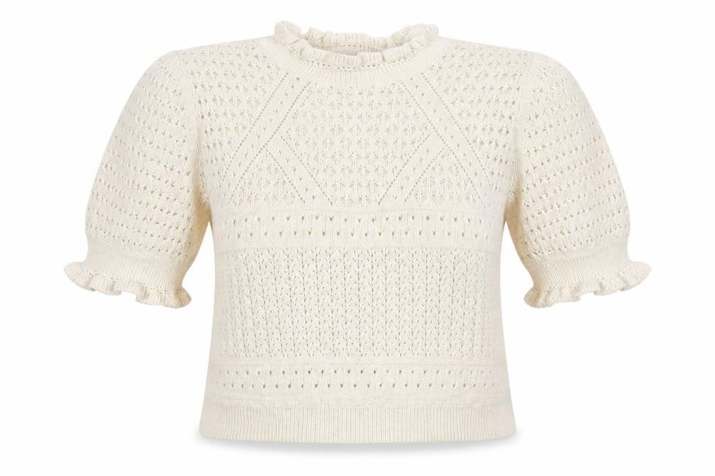 Front view of Miss Selfridge Women’s Ivory Open Knit Ruffle Short Sleeve Jumper, size UK 14