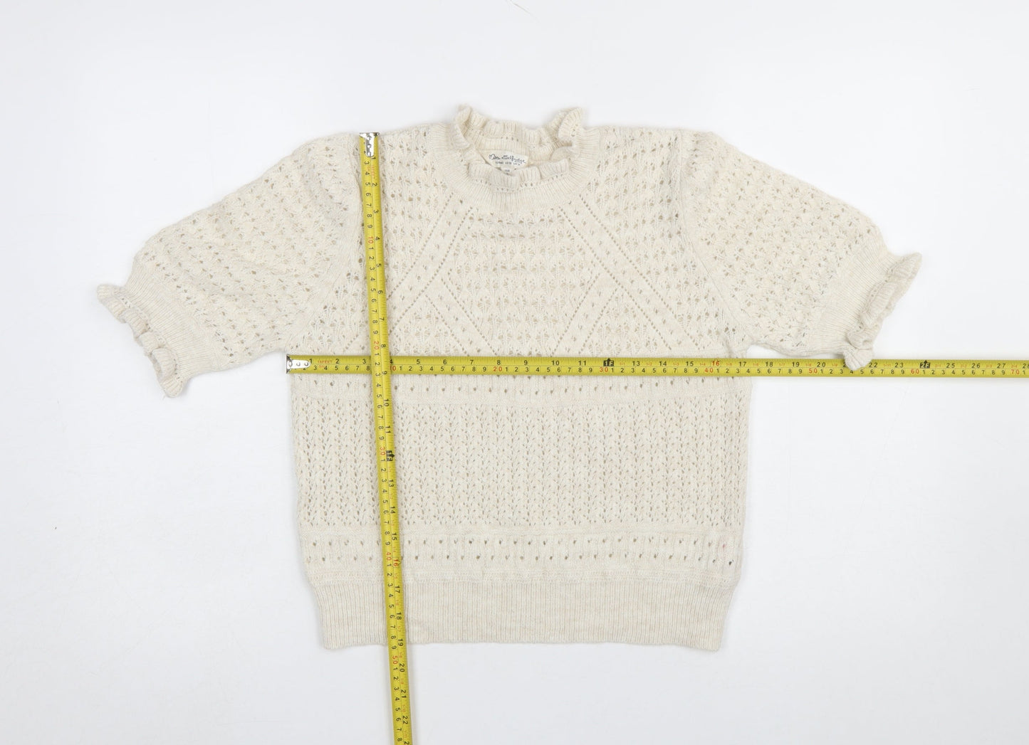Miss Selfridge Women’s Ivory Open Knit Ruffle Short Sleeve Jumper Size 14