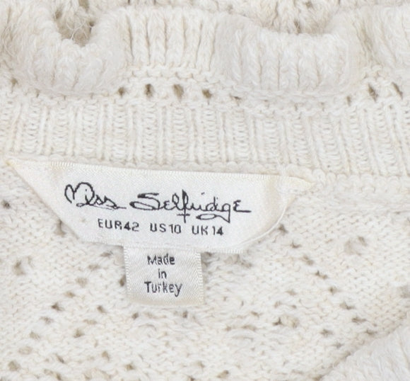 Miss Selfridge Women’s Ivory Open Knit Ruffle Short Sleeve Jumper Size 14