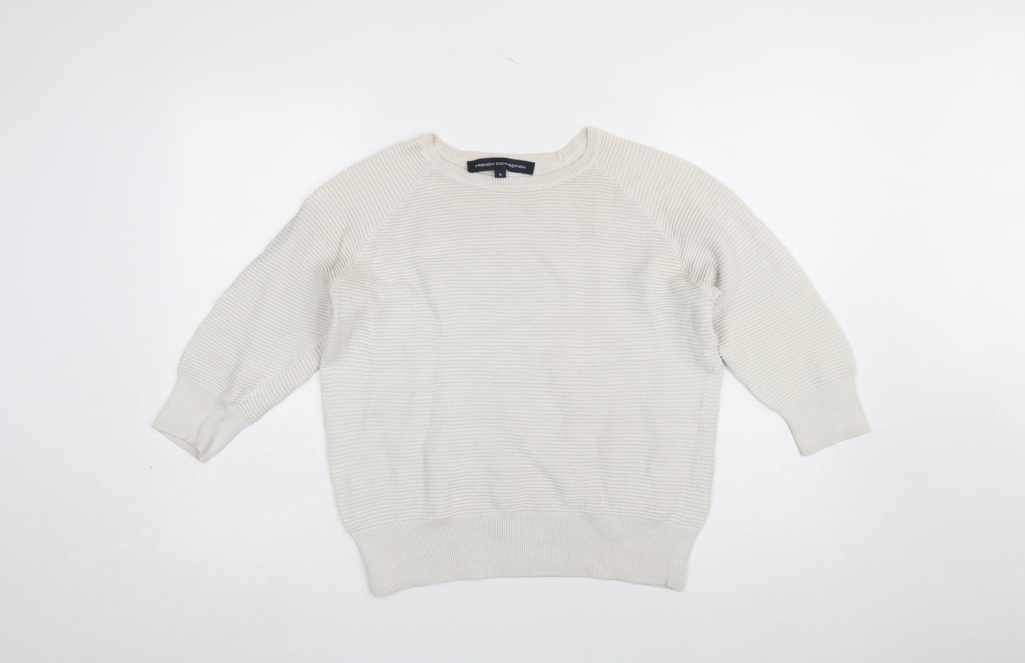 French Connection Women Ivory Cotton Jumper S Crew Neck 3/4 Sleeve