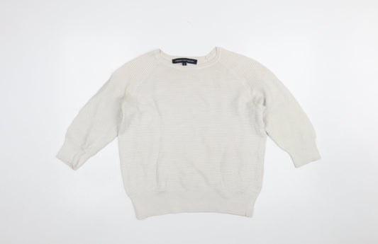 French Connection Women Ivory Cotton Jumper S Crew Neck 3/4 Sleeve