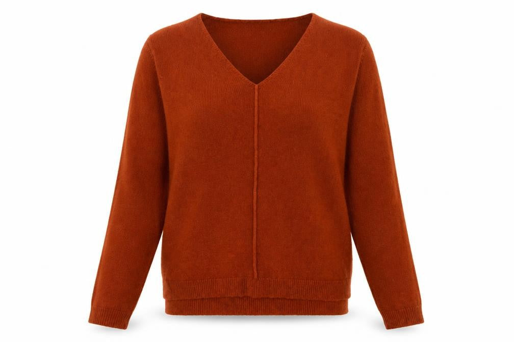 Front view of b.young Women's Brown V-Neck Long Sleeve Wool Blend jumper, size S