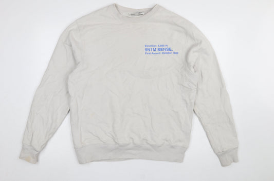9N1M SENSE Men Beige Graphic Print Crew Neck Cotton Sweatshirt Size S