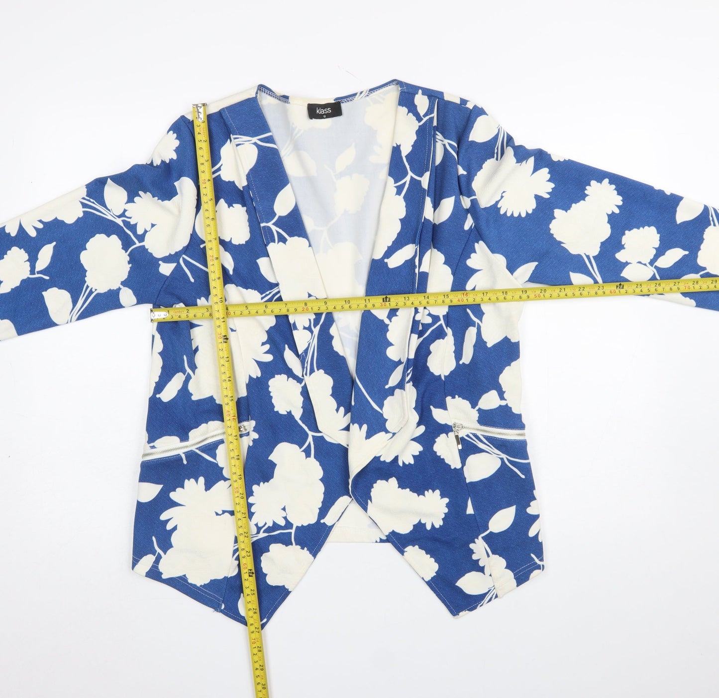 Klass Women Blue Floral Blazer Jacket Size 12 Stretch Woven