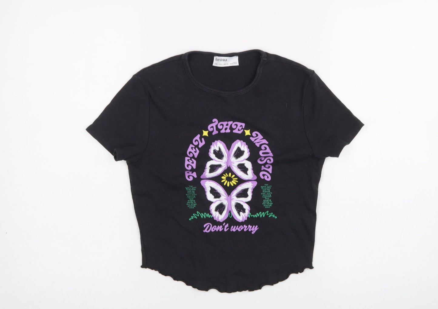 Bershka Women Black Cropped Music Graphic T-Shirt Size 14