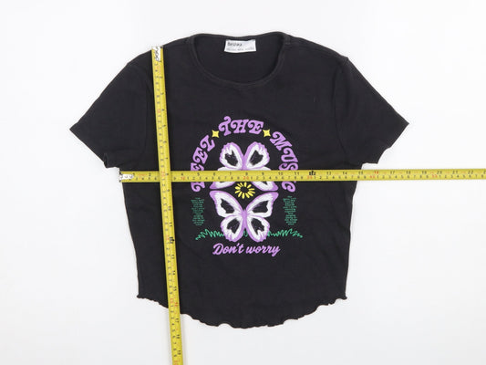 Bershka Women Black Cropped Music Graphic T-Shirt Size 14