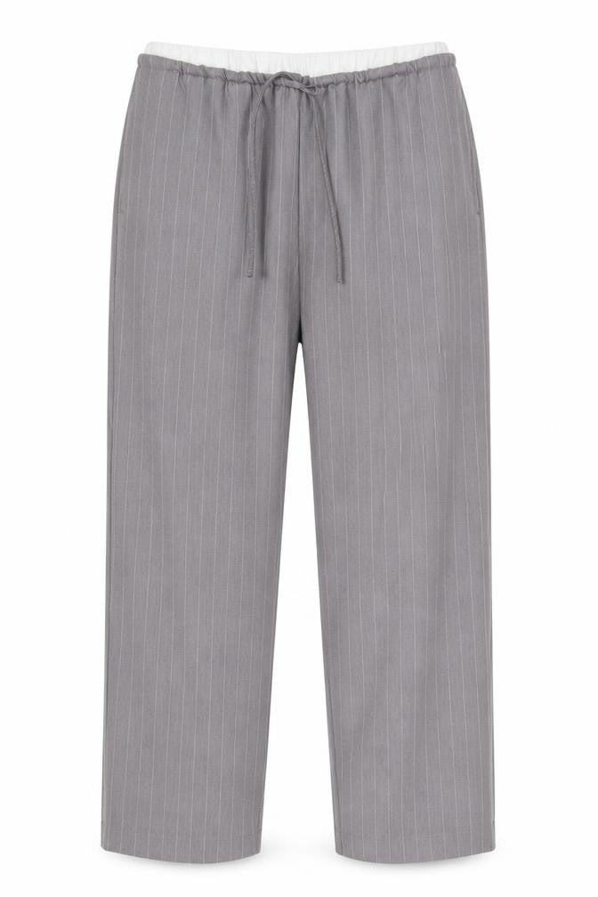 Front view of Only Women’s Grey Pinstripe Tailored Drawstring Trousers L 32