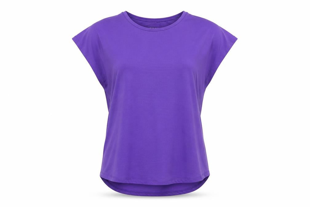 Front view of Dunnes women’s purple performance sport t-shirt, size S