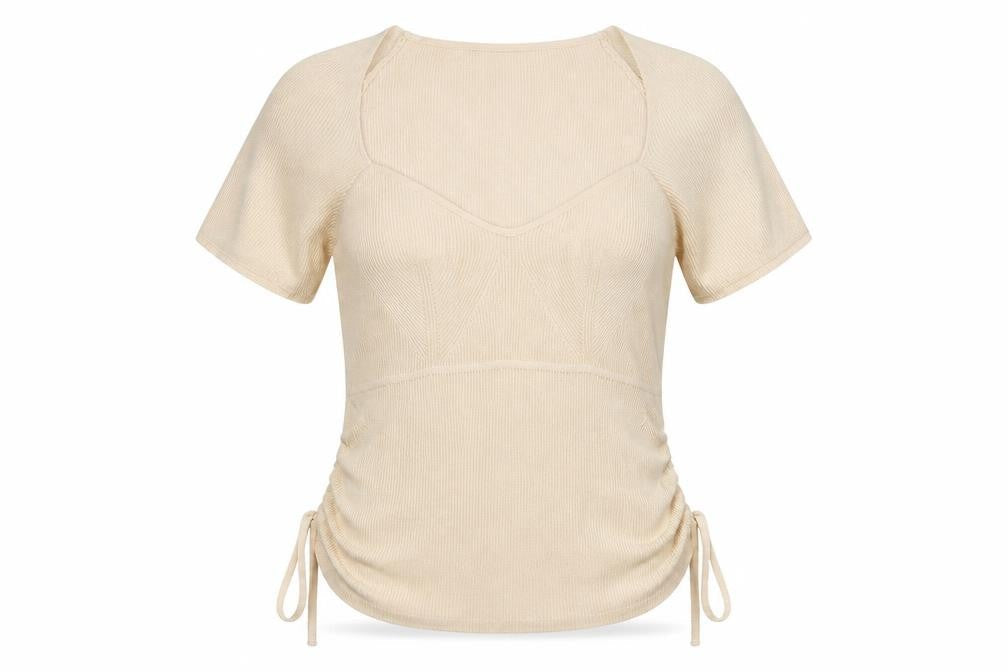 Urban Outfitters Women Beige V-Neck Short Sleeve Knit Jumper XL