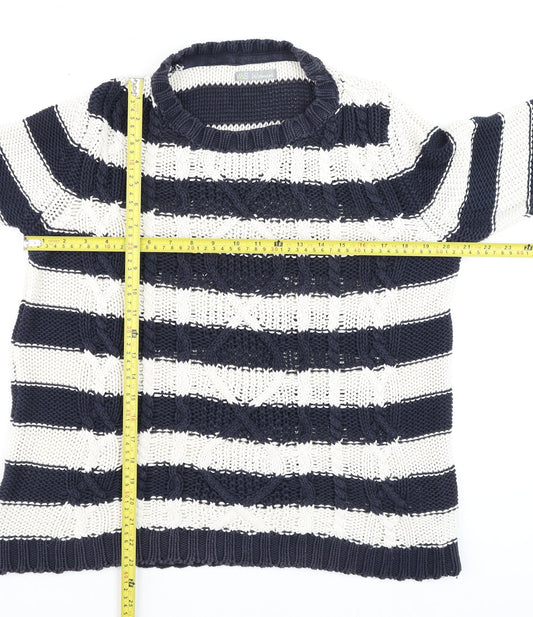 Marks and Spencer Women Blue White Striped Cotton Crew Neck Jumper M