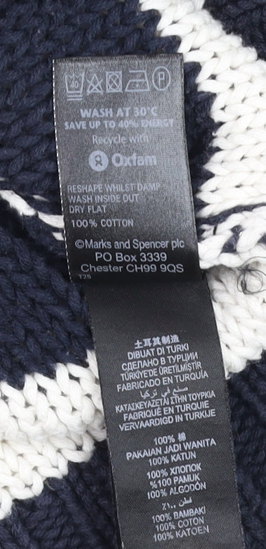 Marks and Spencer Women Blue White Striped Cotton Crew Neck Jumper M